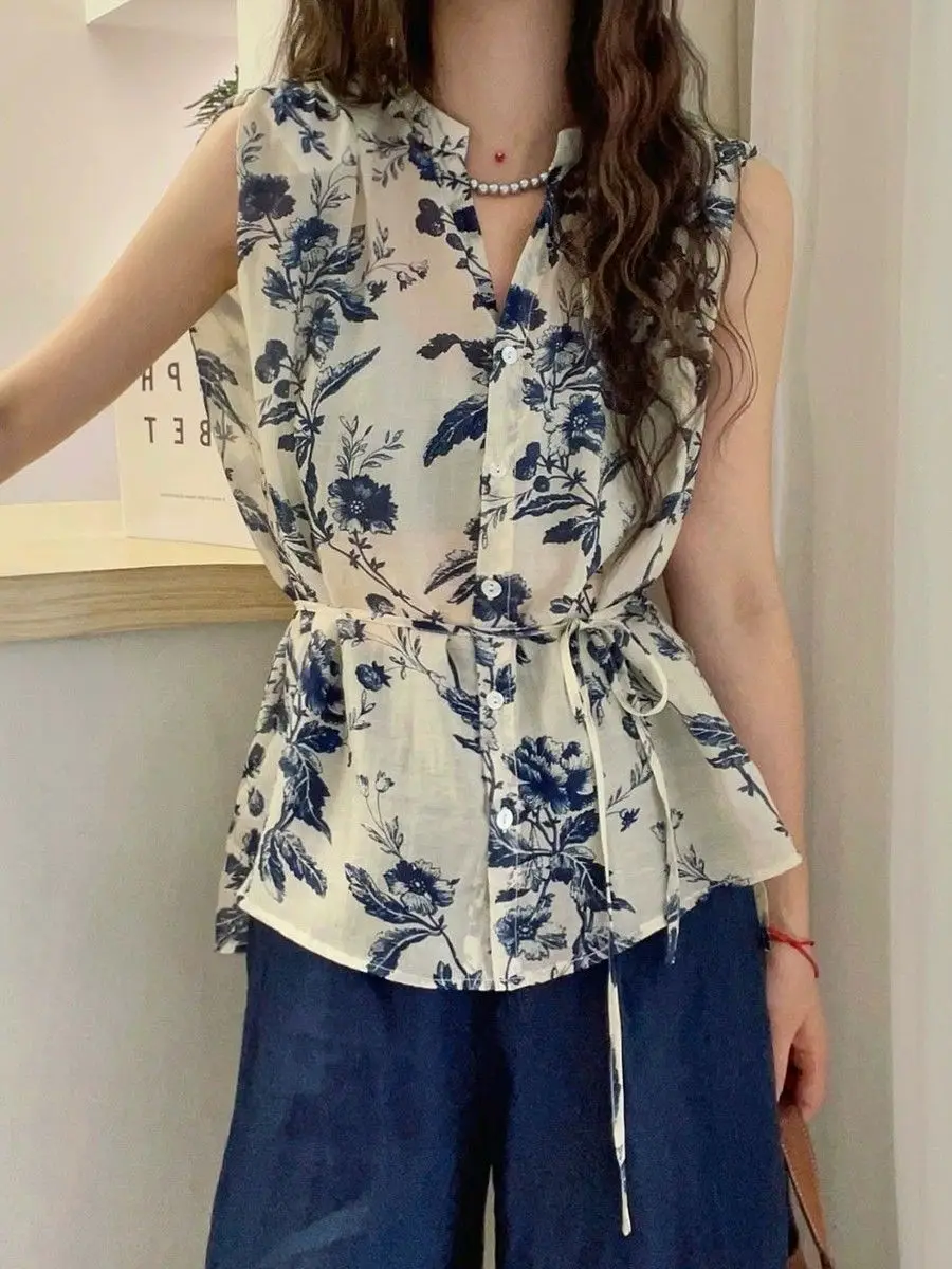 Retro Printed V-neck Blouse for Women European Summer Collection 2025 Trendy Designer Top