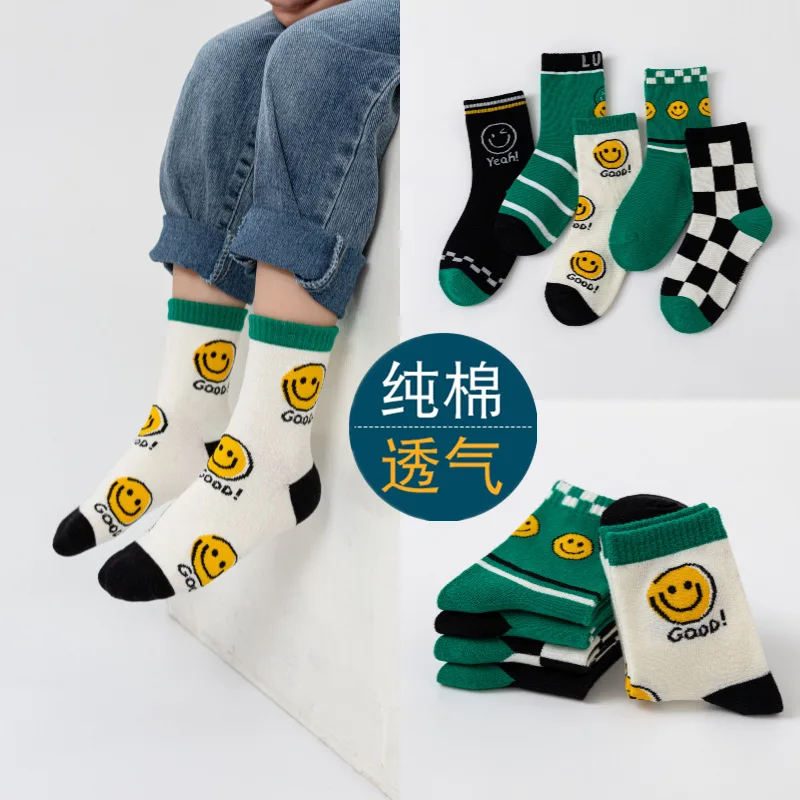 5pairs/Lot autumn winter girls cotton socks child student socks smile boys new Fashion multi-color warmer baby kids sport socks