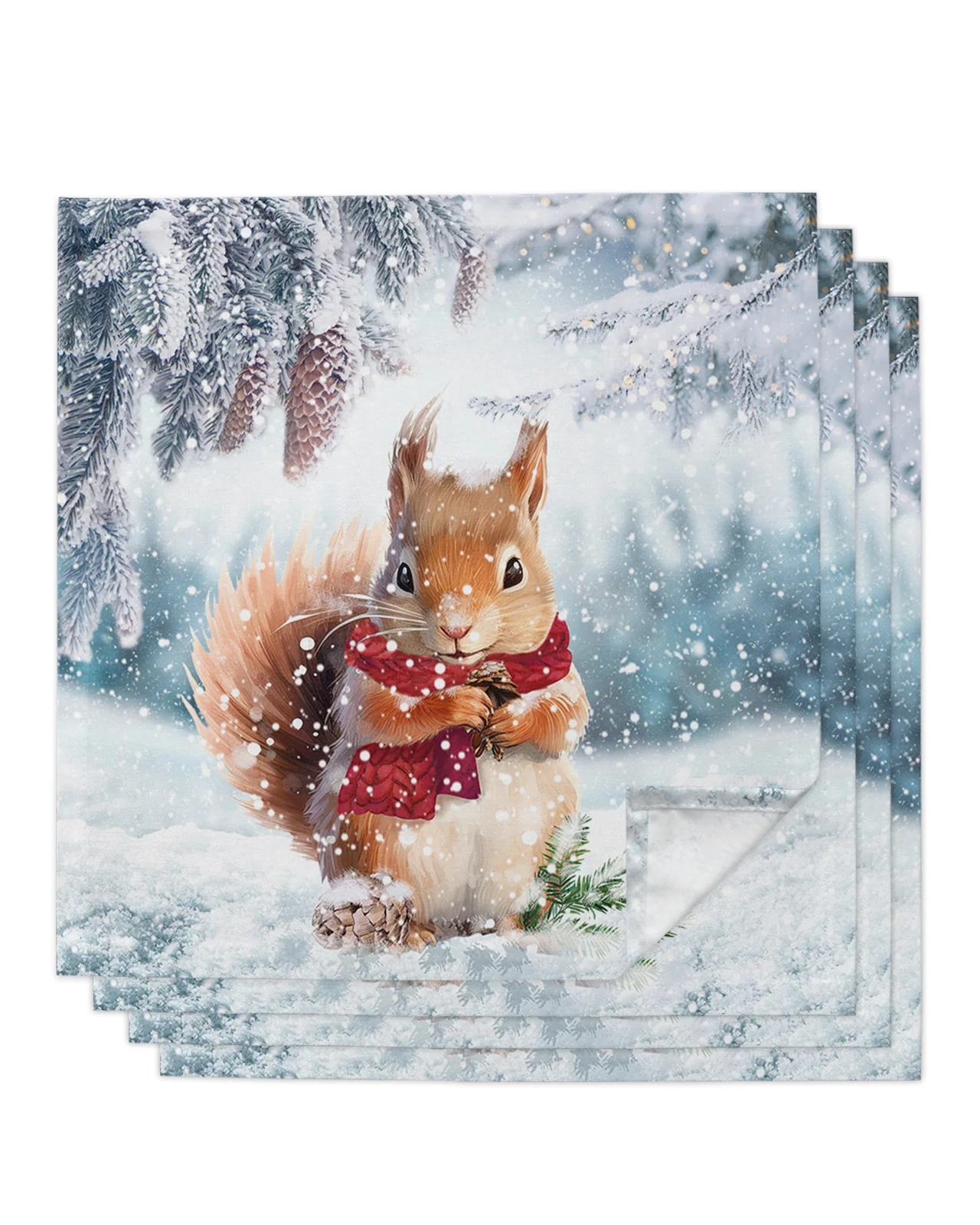 Winter Snow Pine Cone Squirrel Table Napkins Cloth Set Handkerchief Wedding Party Placemat Xmas Banquet Tea Napkins