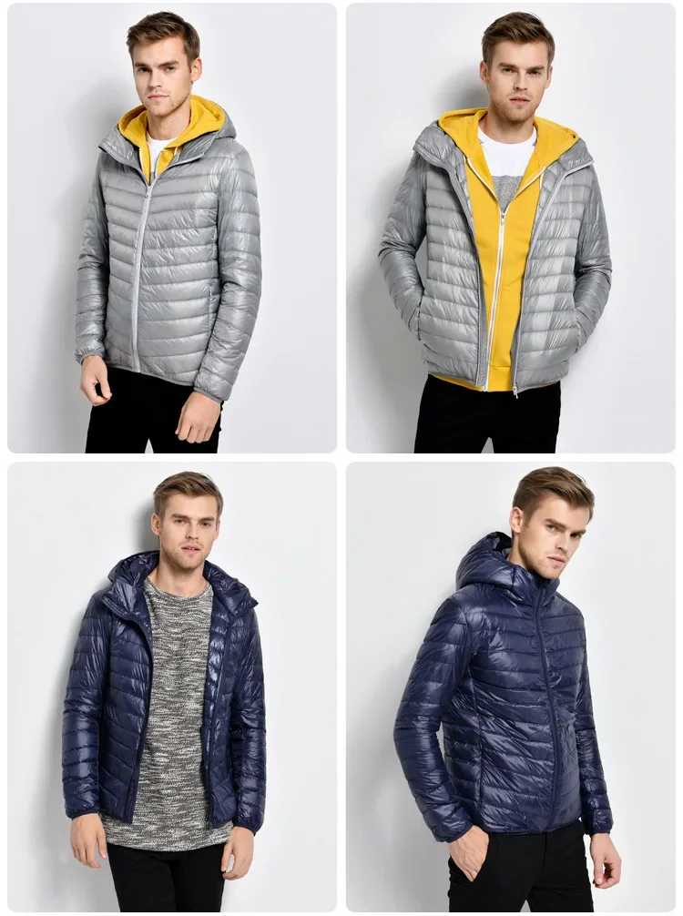 Plus Size Schinteon Men White Duck Down Jacket Ultra Light Thin Casual Coat Outerwear with Hood New Arrival Winter Autumn