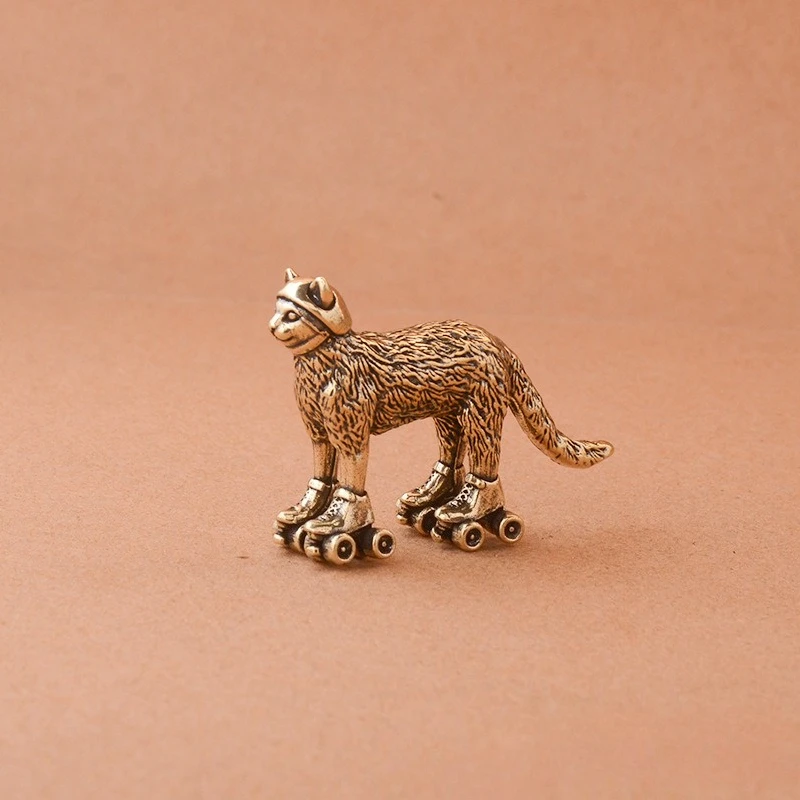 Vintage Brass Cat on Roller Skates Figurine Metal Miniature Skate Cat Statue Funny Animal Craft Ornament for Desk and Home Decor