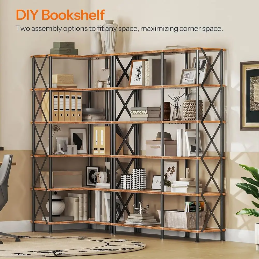 Corner Bookshelf, 6-Tier L-Shaped Bookcase, Industrial Open Display Shelf Tall Storage Organizer, Vertical Storage Rack, for Liv
