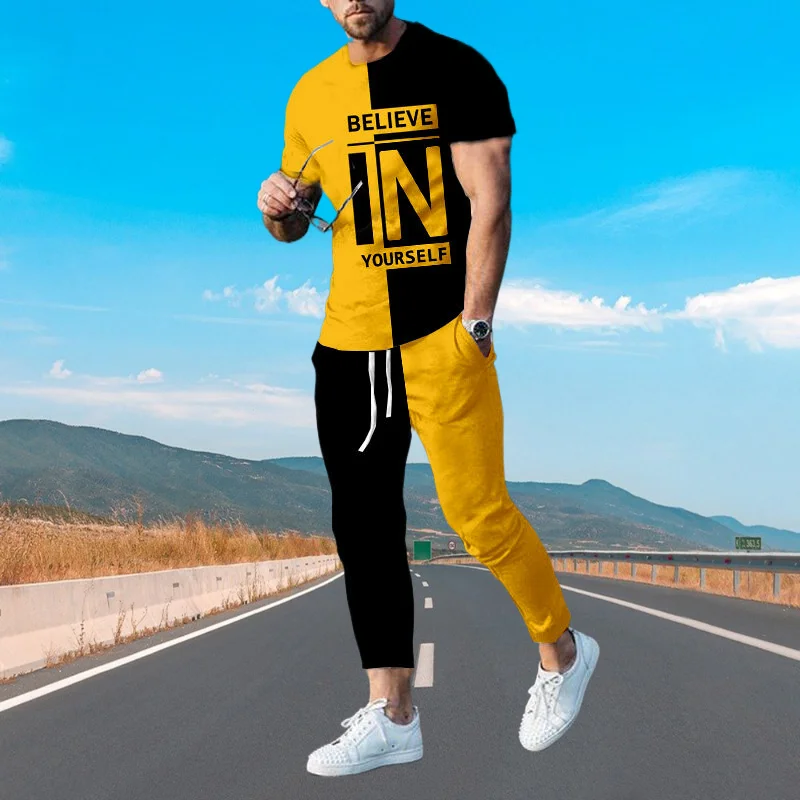 Summer Clothes Fashion Man 3D Printing Yellow Believe Sleeve T-Shirt Trousers Suit Long Pants Street Clothes Men Clothing Set