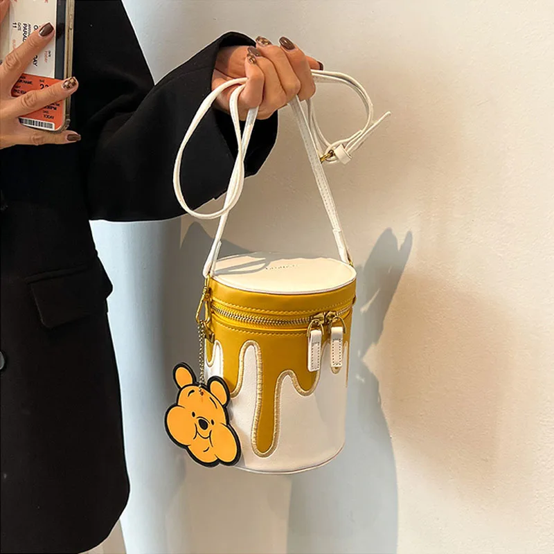 Disney Bucket Bags For Women Cute Cartoon Winnie the Pooh Honeypot PU Female Round Box Bag Crossbody Shoulder Bucket Makeup Bag