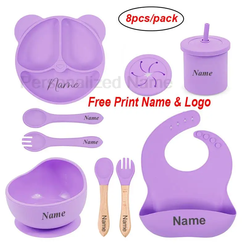 Silicone Bear Plate For Kids Baby Feeding Bib Spoon Sets Personalized Names Children's Tableware Sucker Bowl Plate Gifts For Kid