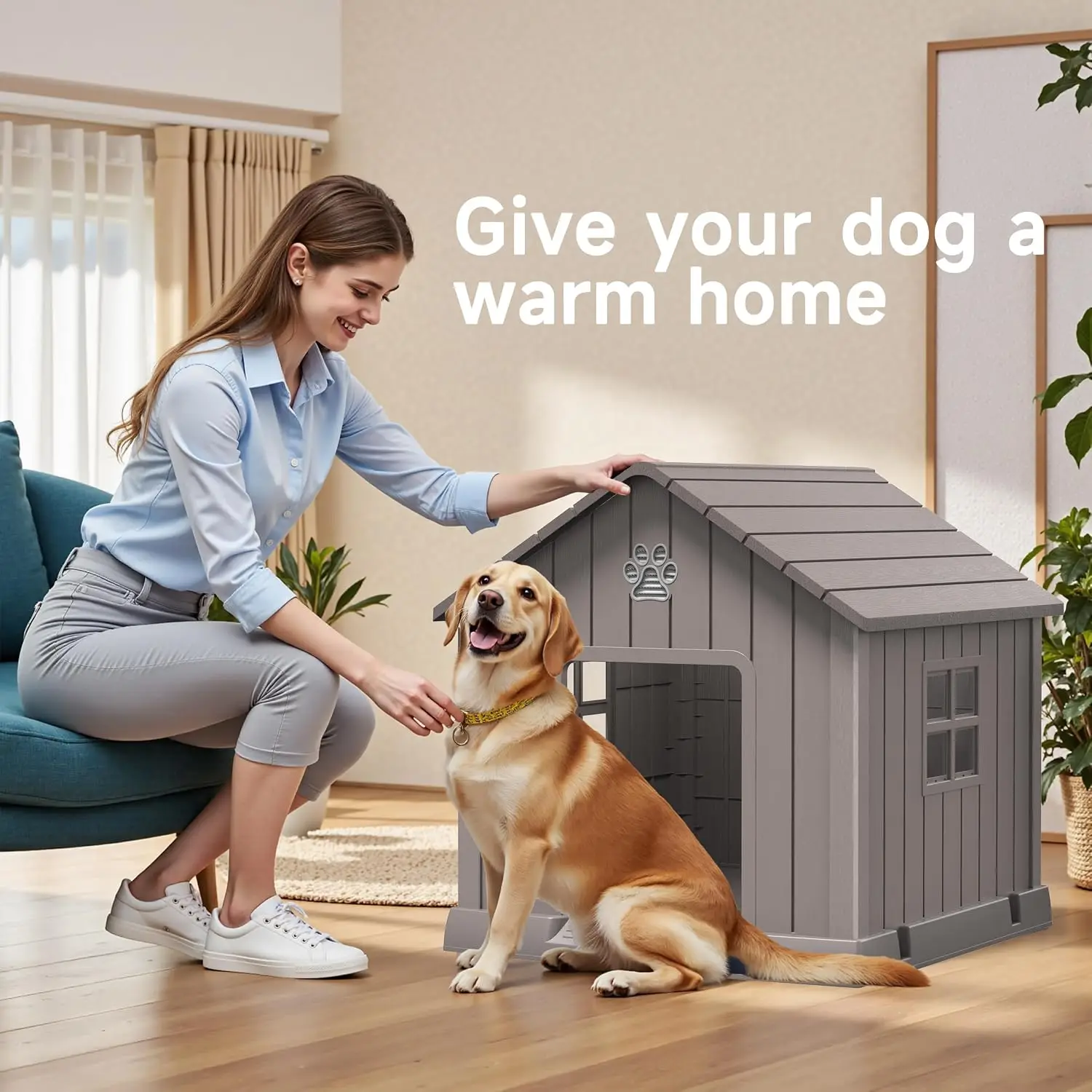 Weatherproof Resin Dog House Large With Air Vents & Elevated Floor, Outdoor Indoor Pet Shelter 38 Inch, Grey, Customized