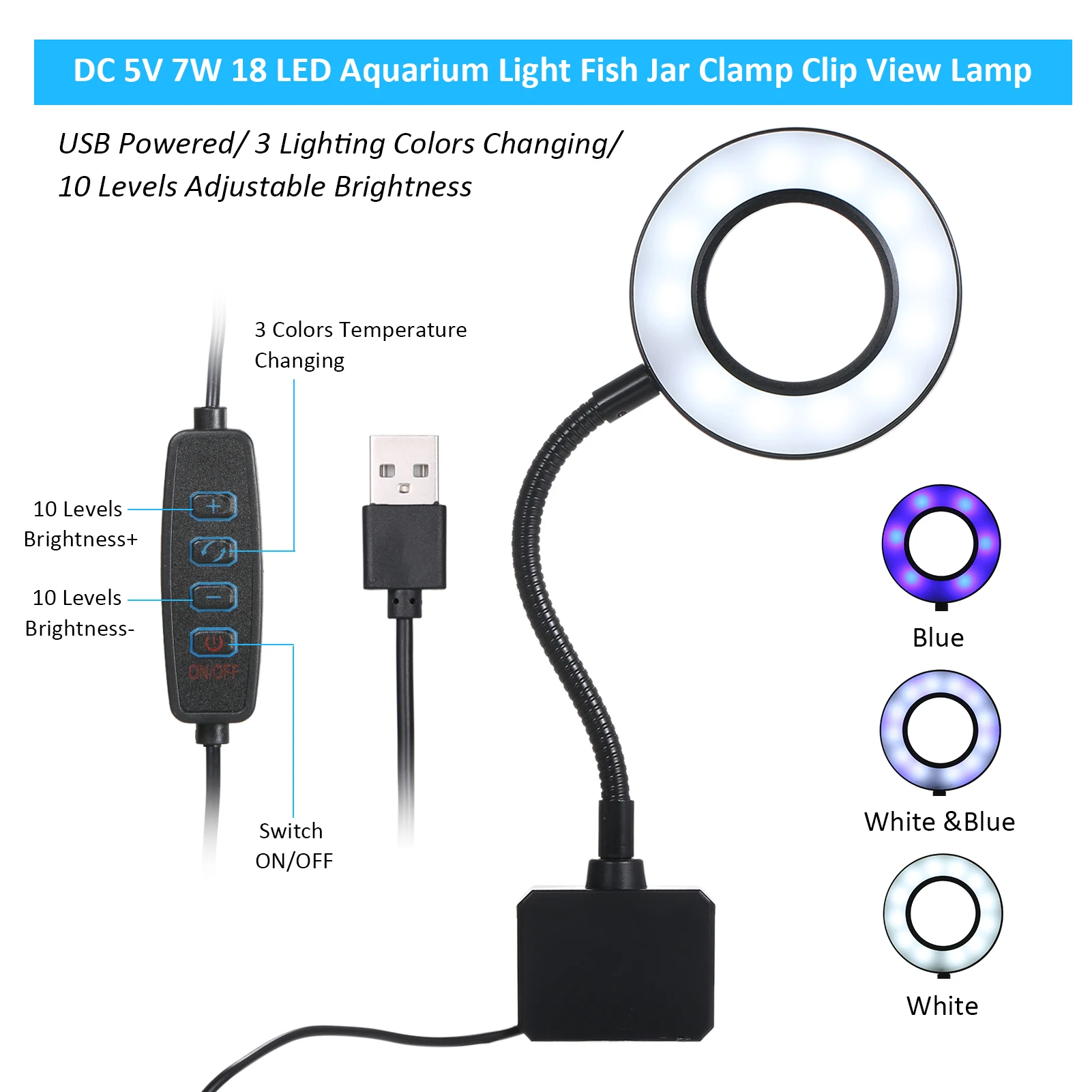 D C 5V 7W 18 LED Aquarium Light Fish Jar Clamp Clip View Lamp USB Dimmable Flexible Bendable Portable Aquarium Light 3Colors