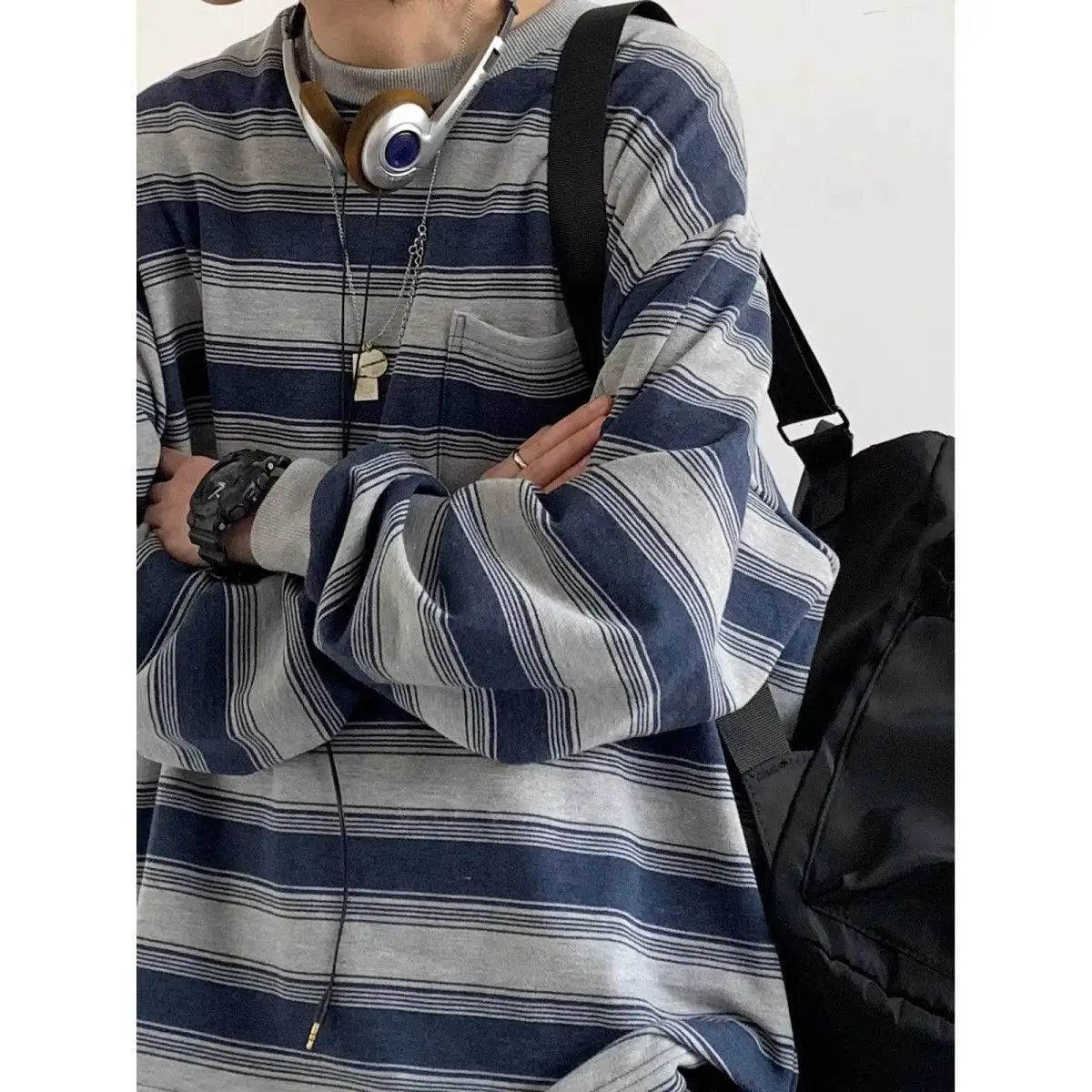 2026 Autumn New Japan Retro Striped Basic Round Neck Long Sleeved Sweatshirt Korean Fashion Harajuku Men's Casual Loose Pullover