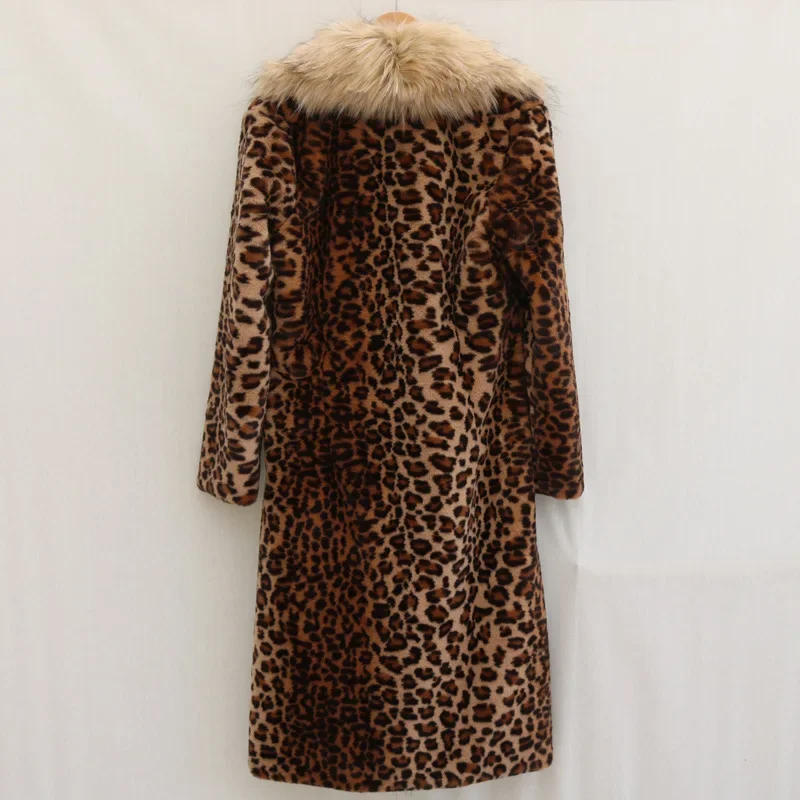 Leopard Long Faux Fur Coat Women Autumn Winter Large Jacket Overcoat Turn Down Collar Thick Coat Warm Jackets Maxi Coats