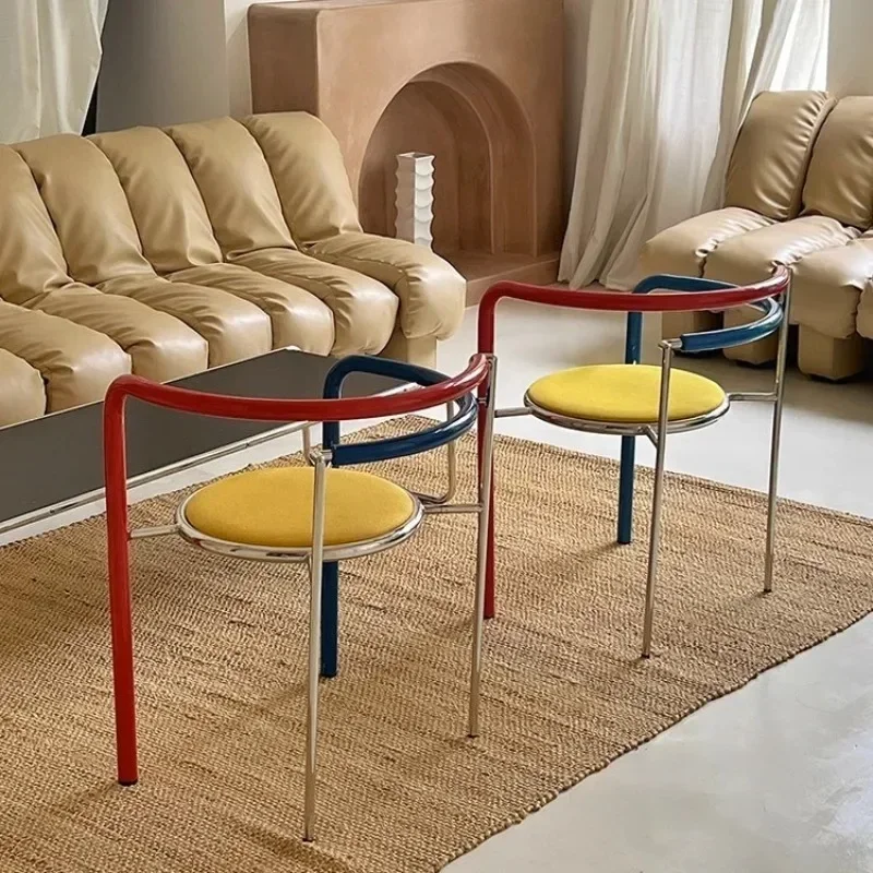 Red and blue steel pipe chair stainless steel dining chair contrasting color leisure chair metal skeleton