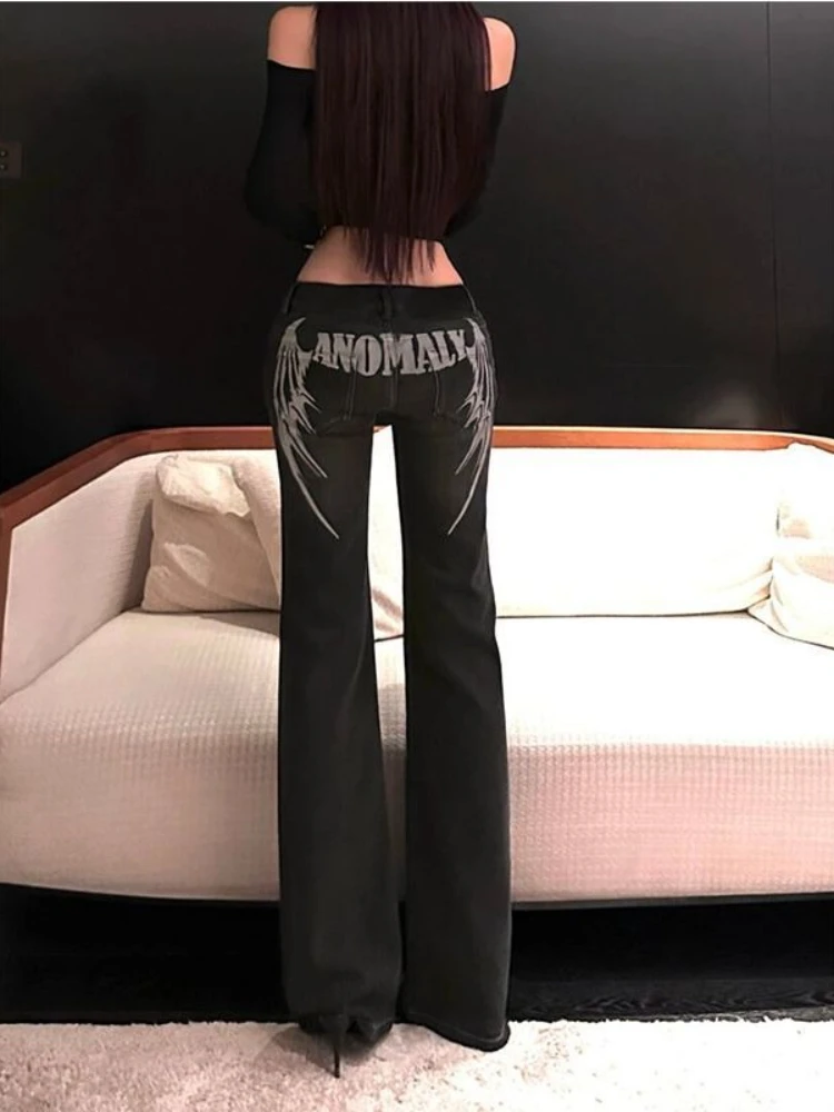 Pantalones vaqueros negros Retro Y2k de verano para mujer, pantalones ajustados de estilo Sexy con estampado bordado de Hip Hop, Pantalones rectos de cintura baja a la moda