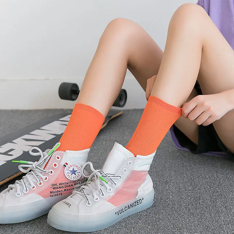 Klein Blue Women Crew Socks Korean Fashion Retro Style Casual Street Sports Harajuku Solid Color Trend Green Orange Red Beige