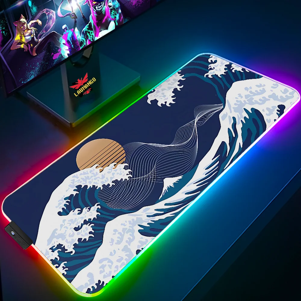 Anime Mouse Pad com Ondas Japonesas, DIY Gaming Computer Mat, Acessórios de Mesa, Office PC Gamer, Desktops, Tapetes De Teclado, 900x400