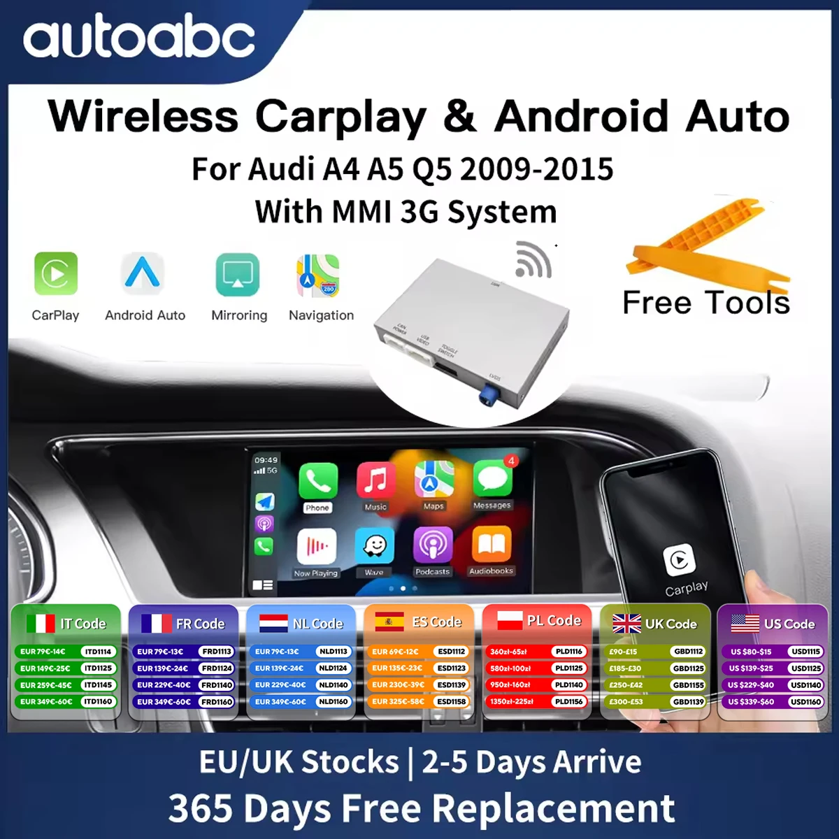 Wireless Carplay Android Auto For 2009-2015 Audi A4 B8 A5 Q5 With MMI 3G Interface AirPlay MirrorLink Bluetooth Supported Camera