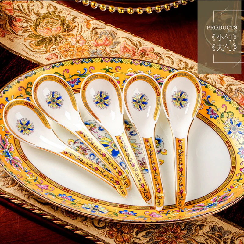 Luxury Ceramic Tableware Combination Set Enamel Color Bone Porcelain Plate Spoon Chopstick Holder Double Ear Bowl with Cover