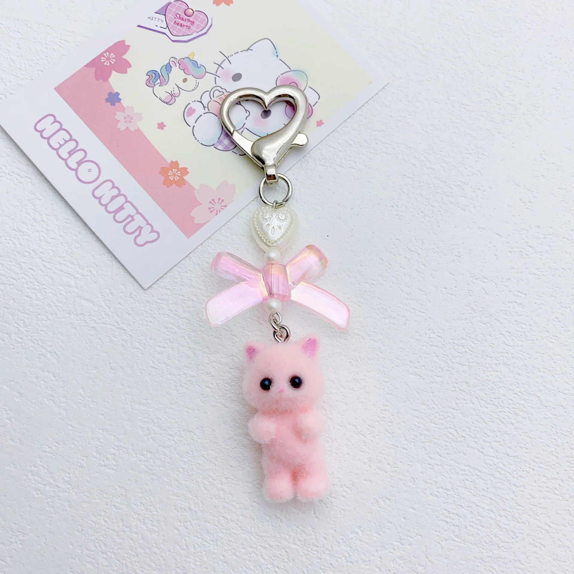 Flocking Bear Cat Pendant Keychain Heart Bow Shaped Key Chain Bowknot Keyring Jewelry Camera Bag Decors Handmade Gift image 6