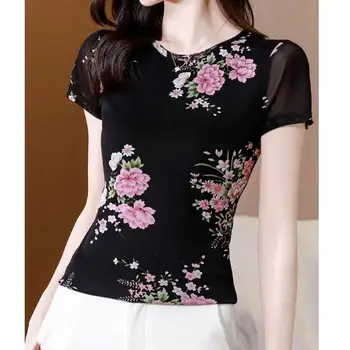 Ladies Spring Summer Clothing Floral Graphic O-Neck Pullovers Short Sleeve Tops Streetwear Women's T-Shirts New