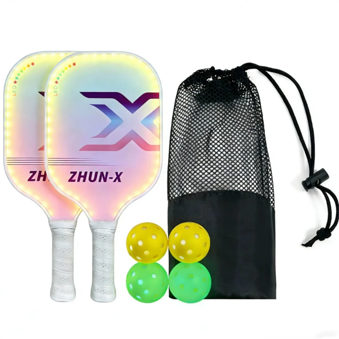 Rechargeable LED Light-Up Pickleball Paddle Set with Fiberglass Face & PP Honeycomb Core, Glow in Dark, 2 Rackets + 4 Balls Set