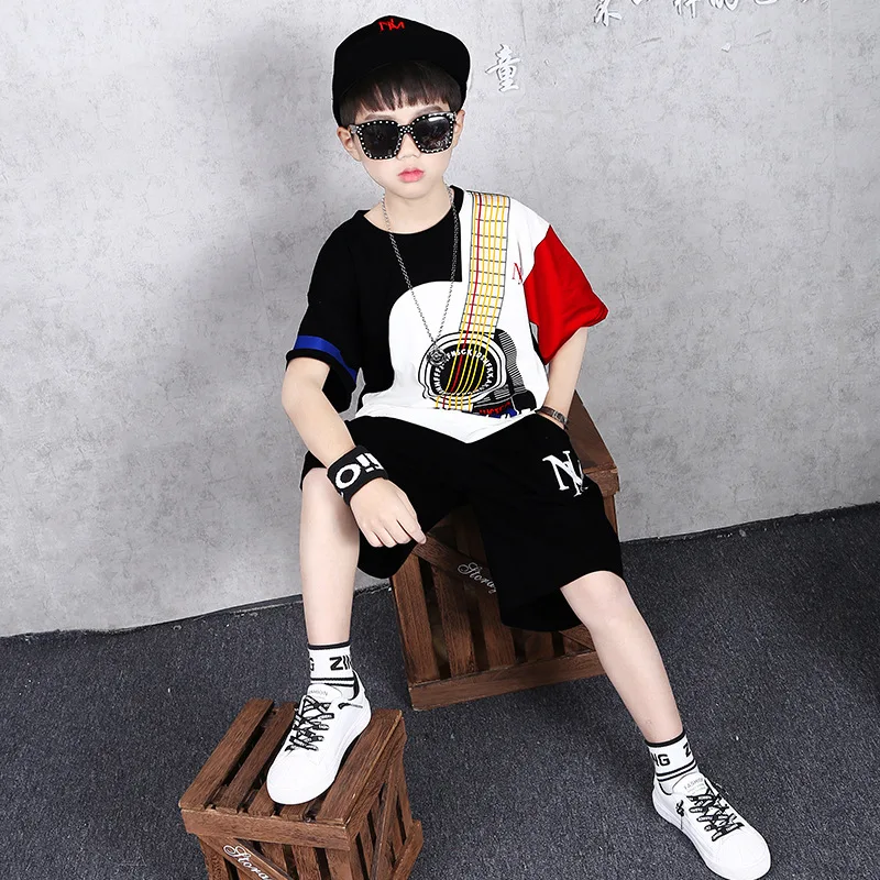 2024 Summer teenager Boys Sports Suit print T Shirt + hip hop shorts Pants Kids Clothes Tracksuit 4 5 6 7 8 9 10 11 12 Years