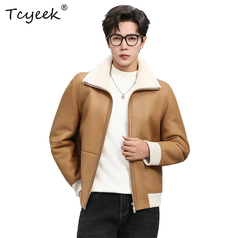 Tcyeek Real Sheepskin Leather Jacket for Men Natural Lamb Wool Thickened Men's Winter Warm Coat High Quality Jackets Chaquetas
