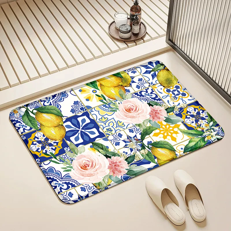 

Lemon Rose Tile Doormat Non-Slip Floor Mat Home Entrance Door Rug Vintage Style Decor Kitchen Bathroom