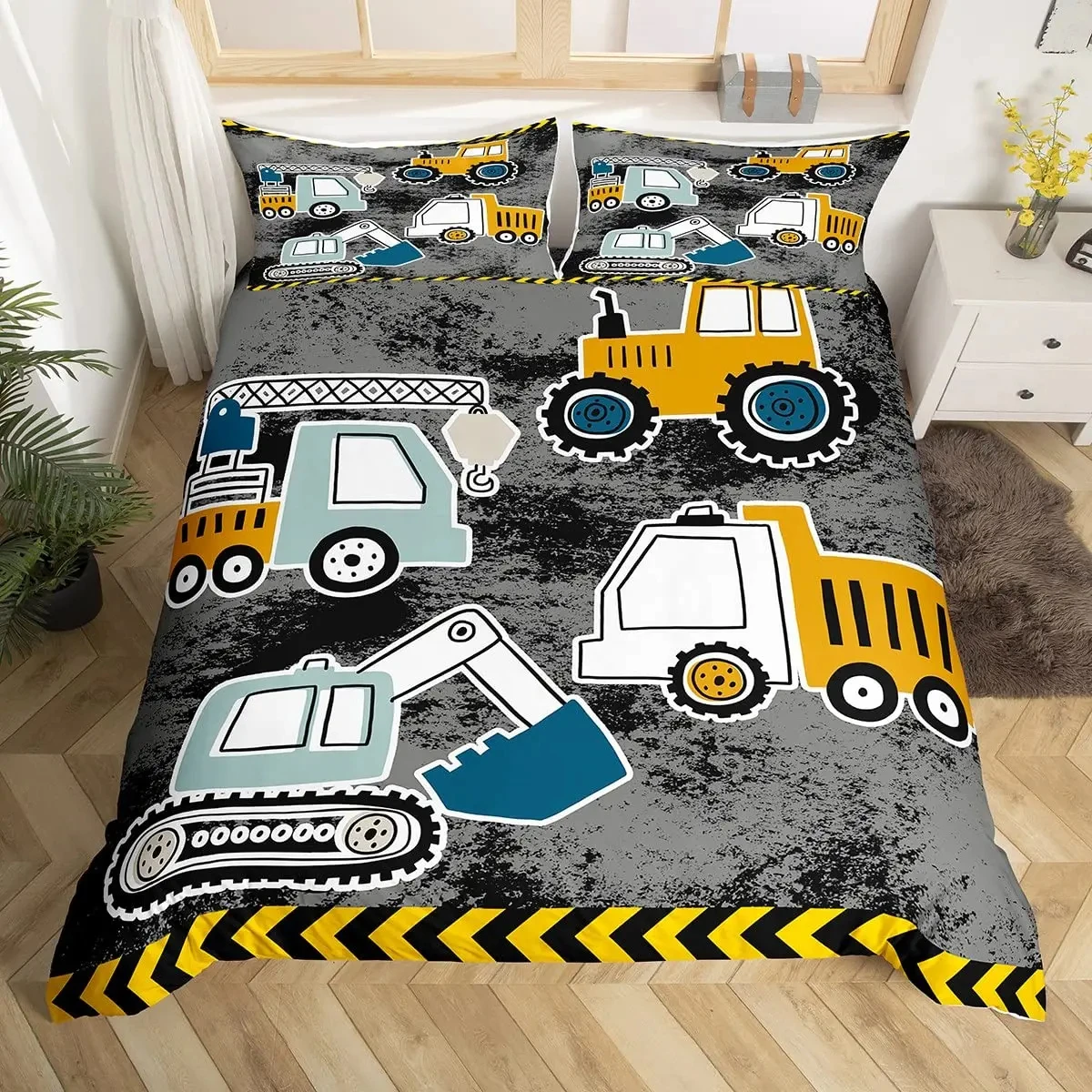 Kids Equipment Trucks Duvet Cover King Boys Cartoon Car Excavator Tractor Bedding Set Construction Highway Comforter Cover Set