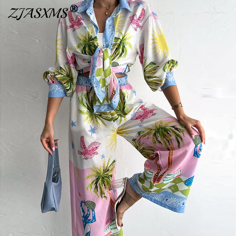 Autumn Fashion Printed Linen Tops & Long Pant Sets Summer Woman Beach Holiday Suit Casual Loose High Waist Wide Leg 2 Piece Sets