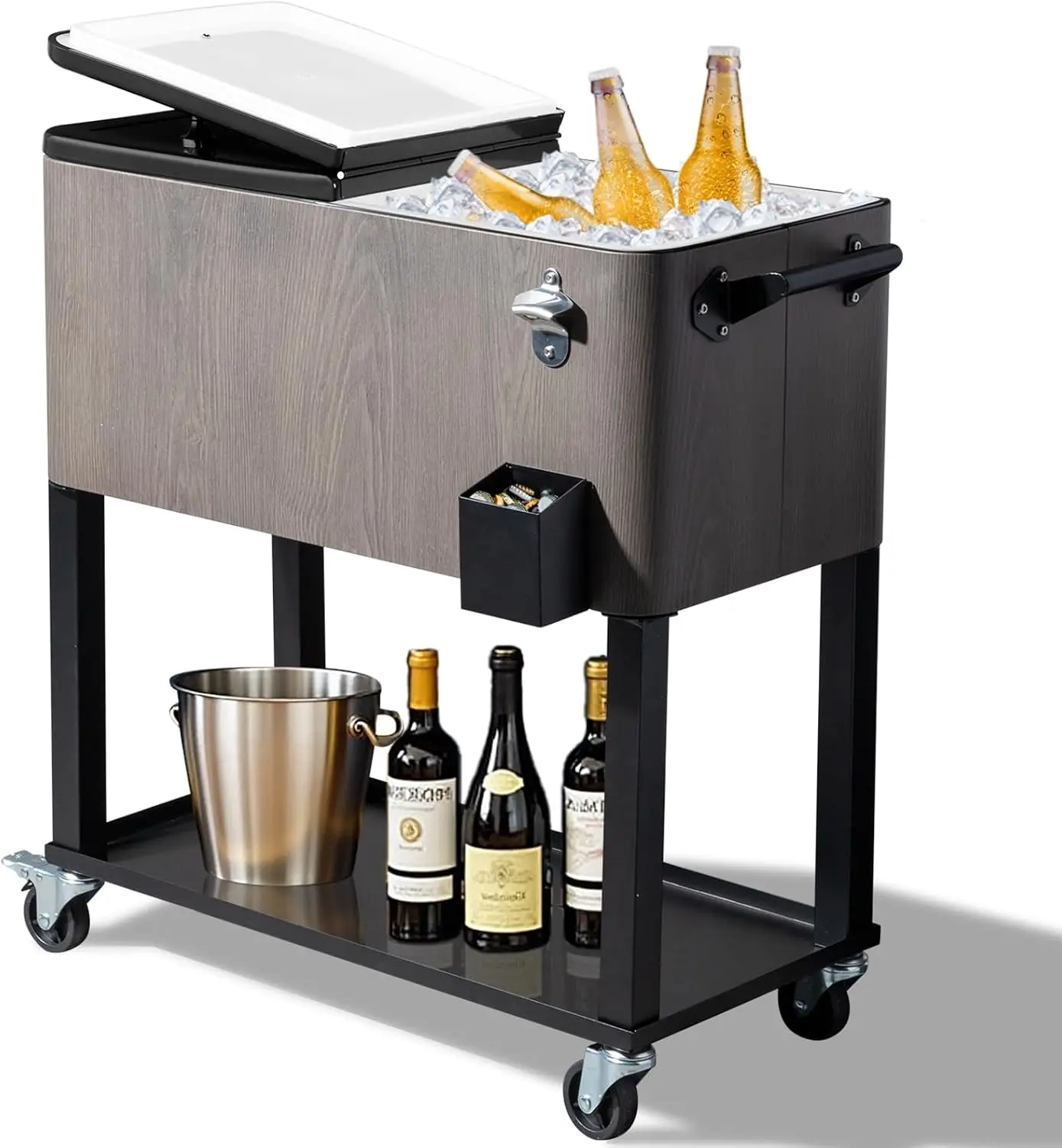 80 Quart Outdoor Patio Cooler Cart Portable Rolling Ice Chest Beverage Bar Cart Handles For Pool Deck BBQ Backyard Party With Bottle Opener Cap Catcher Gray