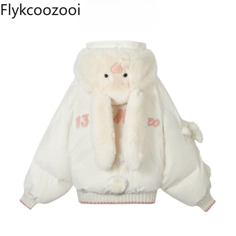 Cute Bear Rabbit Ears Plush Hooded Coat Warm Female 2024 Winter New Chaqueta Para Nieve Mujer Puffer Jacket Women