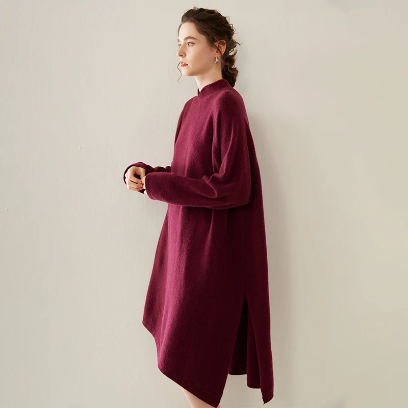 High-end New 100% Pure Cashmere Sweater Long Style Pullovers Women's Fashion Knit Dress Lady Large Size Stand-up Collar Pullover