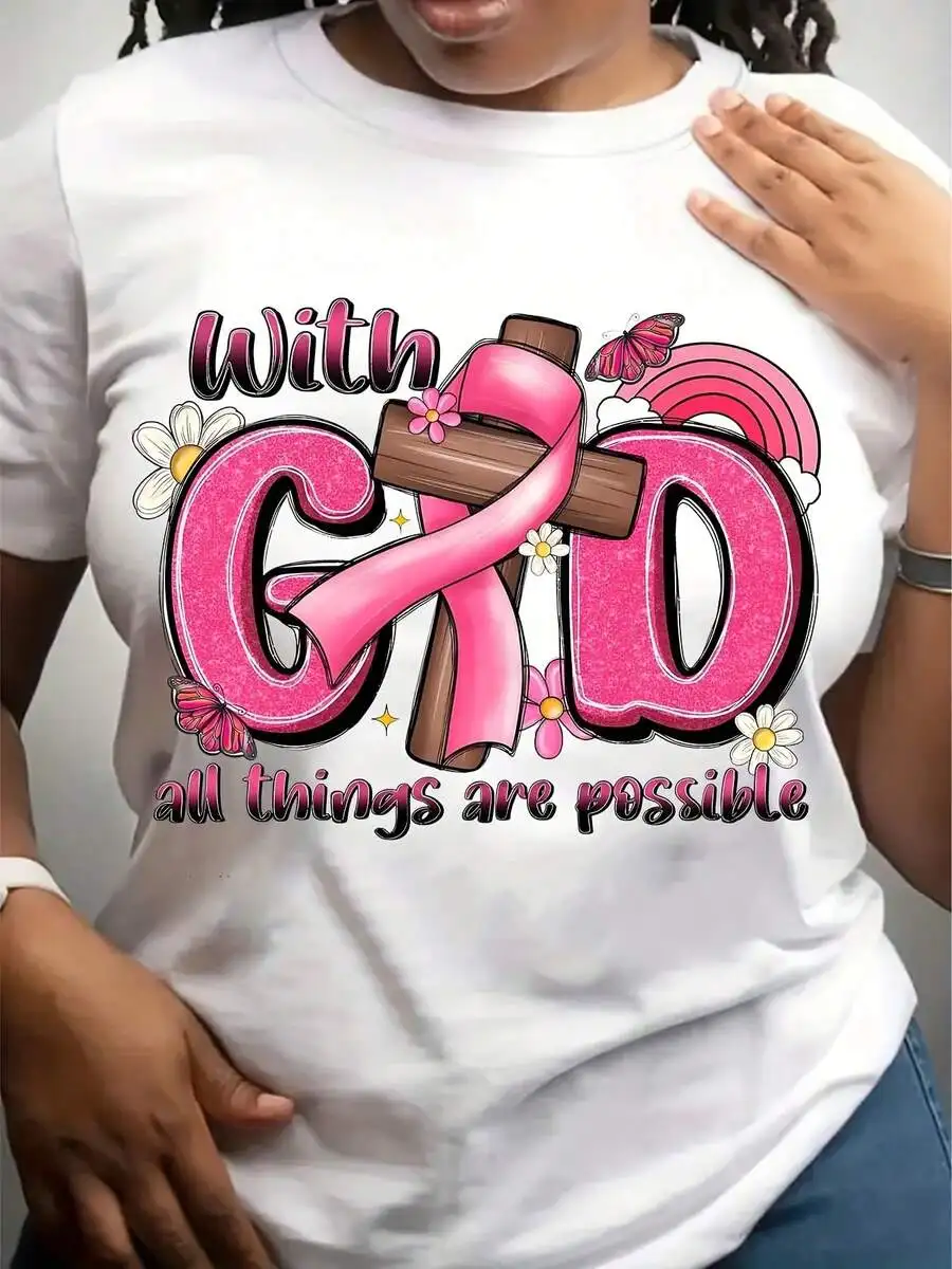 2026 New Fashion Plus Size Women Crew Neck T-Shirt Breast Cancer Awareness Graphic Print Soft Breathable Cotton Casual Daily Tops Basic Top T-Shirt