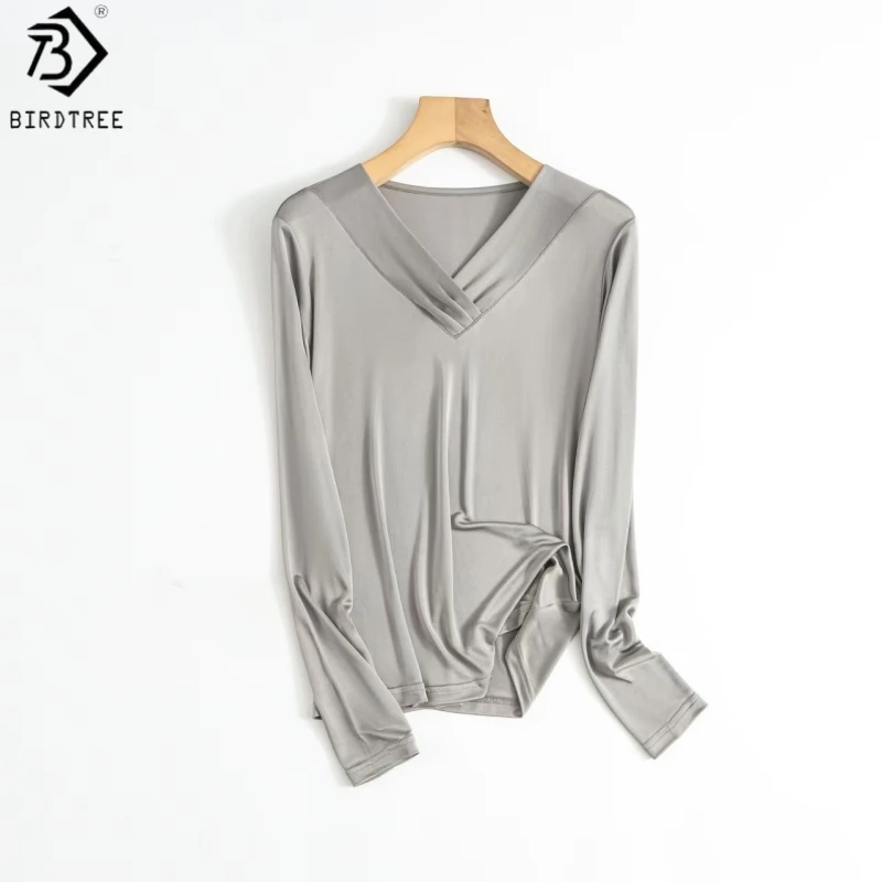 Birdtree, 20% Real Silk Solid Undershirt, Women Full Sleeve V-neck Knitted Loose Tops, 2026 Autumn New Basics Shirt T67419JF