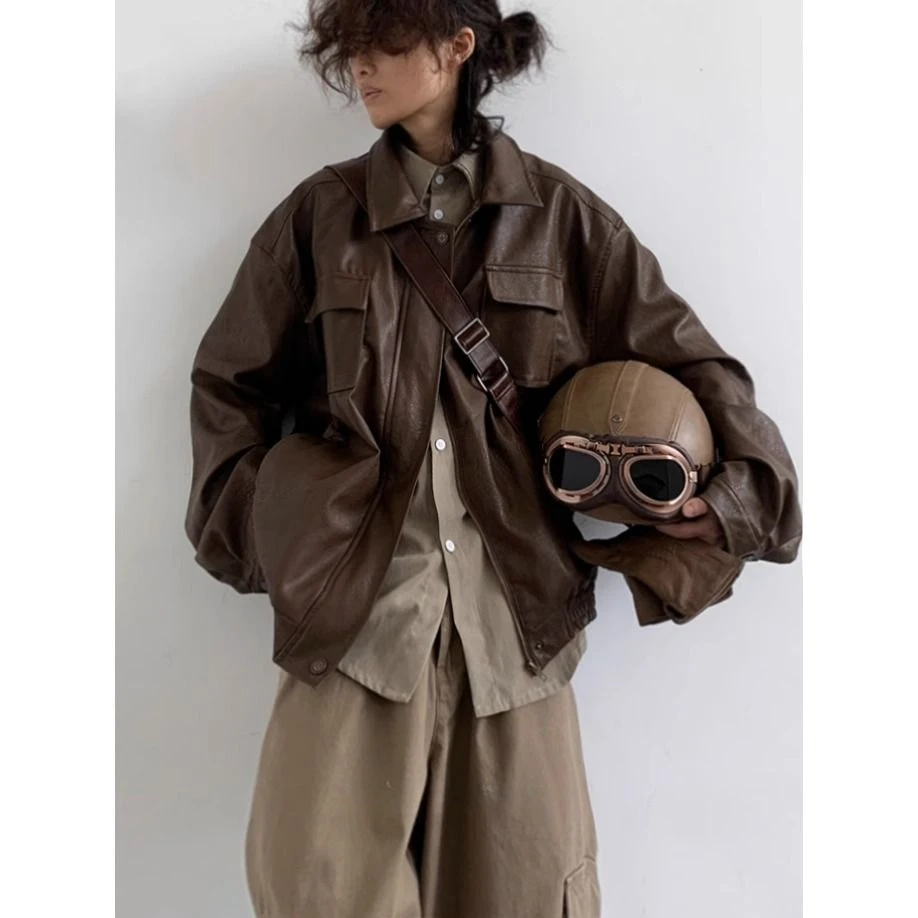 Korean style classic loose neutral brown leather jacket jacket for men and women Japanese loose straight overalls trendy brand