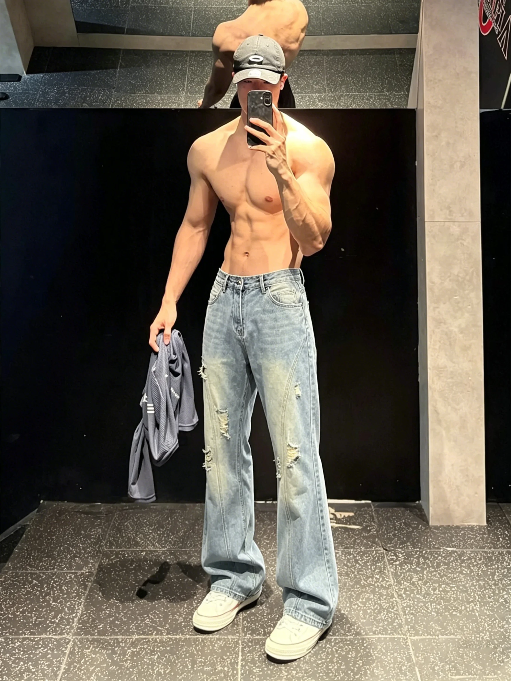 

American Retro Diagonal Cut Hole Jeans Men's Summer Slim Straight Leg Bell Bottoms Wear Resistant Non Shrinkage Casual Jeans