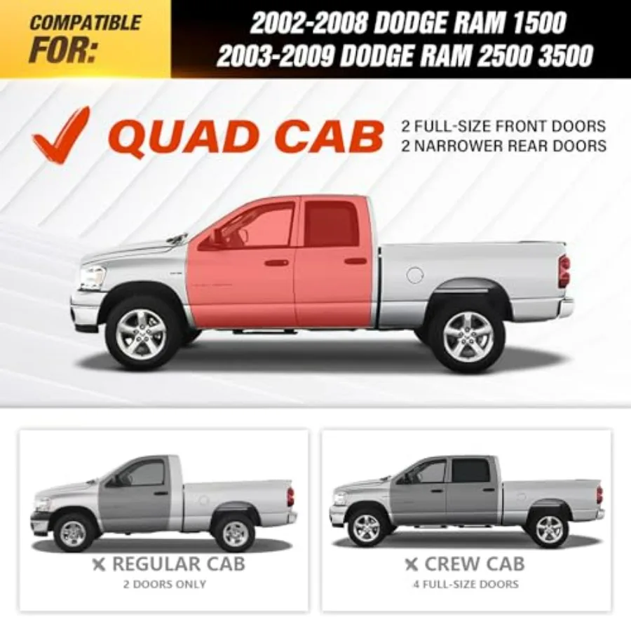 Quad Cab Running Boards Side Steps for 2002-2008 Dodge Ram 1500 2003-2009 Ram 2500 3500 Double/Extended Cab Bolt-on Nerf Bar He