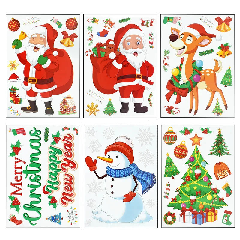 

6pcs/Set Santa Claus Snowman Elk Decorative Stickers Window Door Wall Clings Poster Window Stickers 2024 New Year Party Supplies