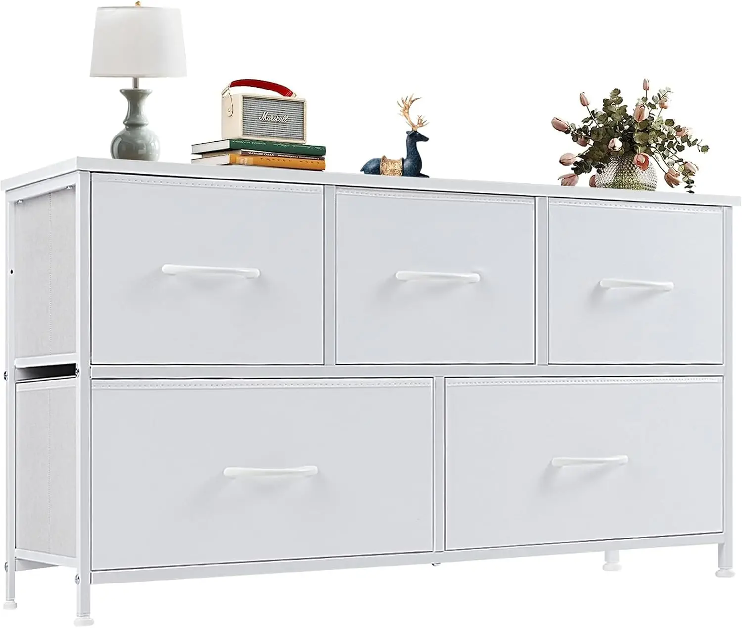 

Dresser Storage Cabinet with 5 Organizers Hanging Cabinets, Small Clothing Fabric Cabinet, Nightstand, 5 Drawers, Classic White