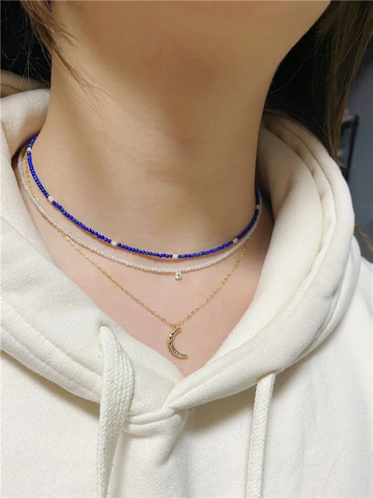 2mm Extremely Thin Lapis Lazuli White Moonlight Beads 925 Silver Women Necklace Crescent Pendant Clavicle Chain Stacking Jewelry