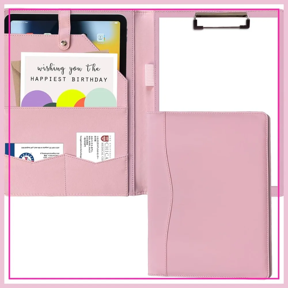

PU Leather Portfolio Folder with A4 Clipboard, Business Binder Writing Pad for Men Women Pink
