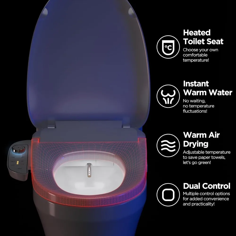 

Smart Bidet Toilet Seat - Heated, Warm Water Wash, Air Dryer, Self-Cleaning Nozzle & LED Nightlight