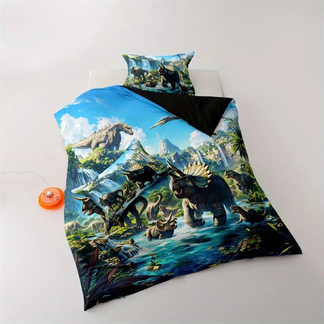 3pcs Jurassic World Dinosaurs Digital Printed Bedding Set Cozy Duvet Cover King Queen Twin Size Birthday Gift Bedroom Decoration