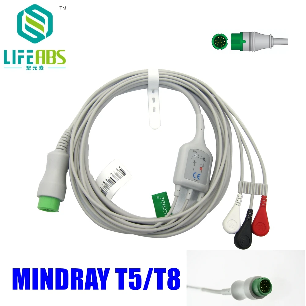 

One-Piece Ecg Cable Ekg Cable Iec 3leads 5leads Snap Clip Ecg Lead Wires for Mindray T5/T8 Mornitor Machine