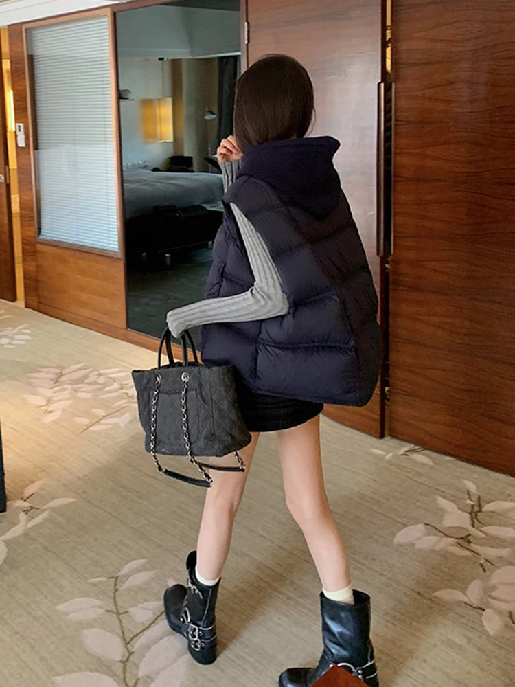 Autumn Winter Knitted Hooded Cube Down Vest Female Sleeveless Zipper Waistcoat Women White Duck Down Drawstring Warm Thick Vest