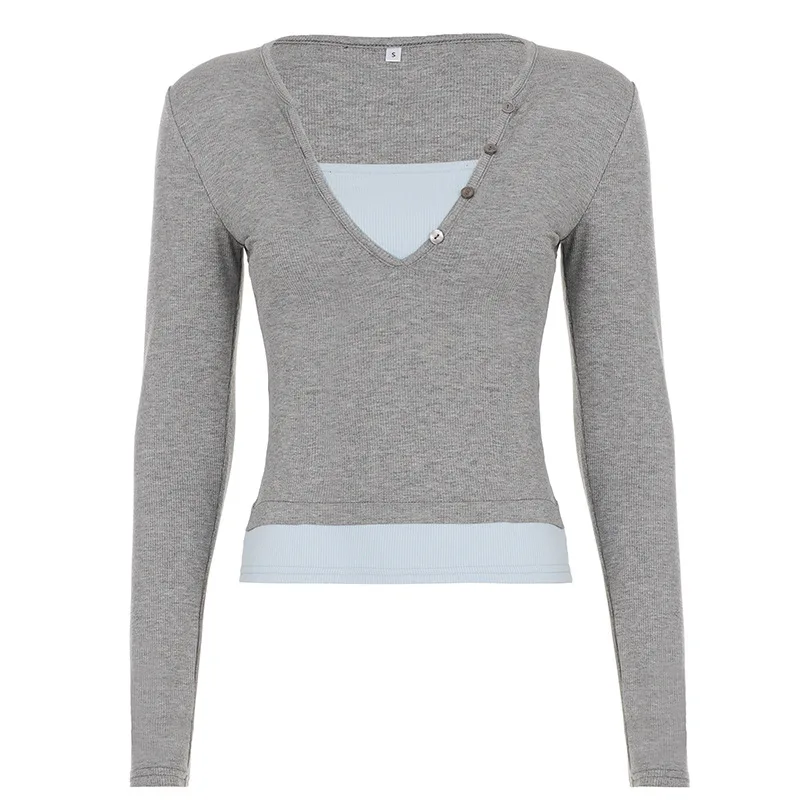 Women\'s Solid Color Knit T-Shirt Featuring V-Neck Button Placket Medium Stretch Fabric for Casual Daily Wear Comfort