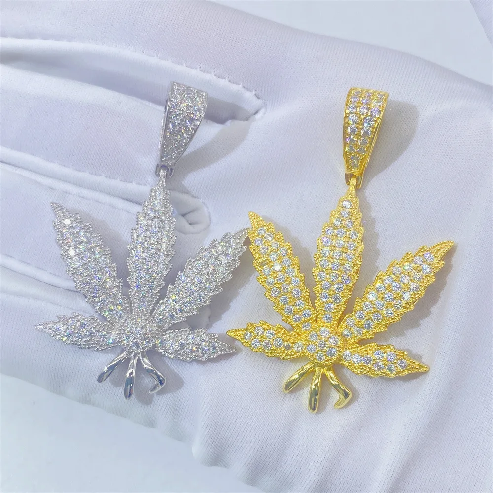 Full Moissanite Leaves Pendant S925 Sterling Silver Necklace Yellow Gold Fine Jewelry Pass Diamond Tester Drop Shipping