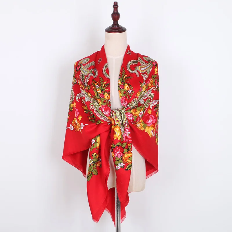 

New Design Women Square Scarf Retro Floral Printed Fringed Handkerchief Ethnic Shawls Wraps E728