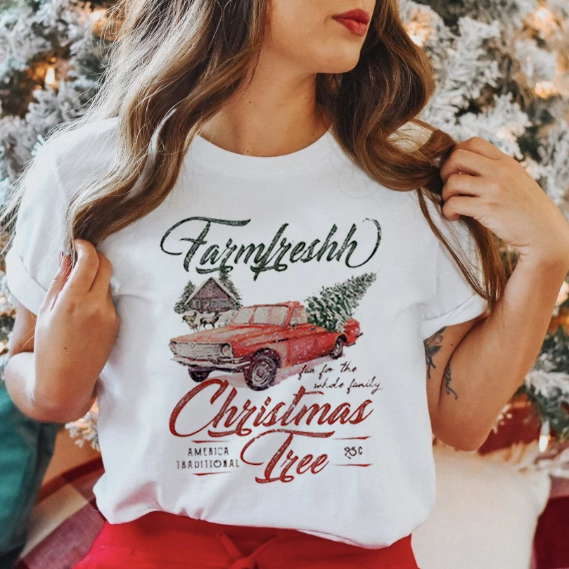 Donne 2022 Tree Car Cute Festival Merry Christmas Wear T Shirt capodanno stagione stampa top inverno Graphic Tees abbigliamento T-Shirt