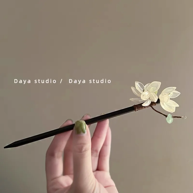Lotus Hair Sticks Sandalwood Flower Hairpin Forks Chinese Hanfu Hair Accessories Vintage Bride Tiaras Retro Wedding Hair Jewelry
