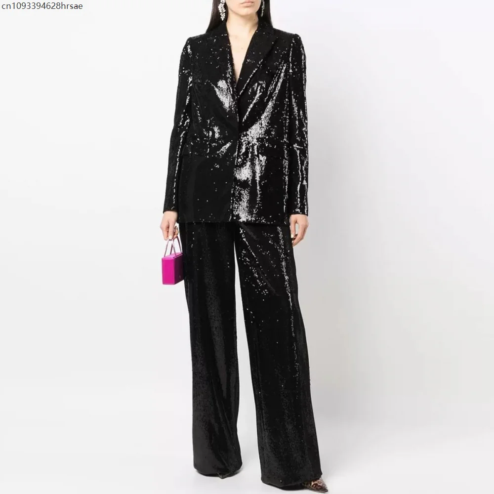 

Party Queen Women Shining 2PCS Suits Sequins Blazer Hot Pink Long Wide-leg Pants Two-Pieces Lady Sets Luxury Designing Feminine
