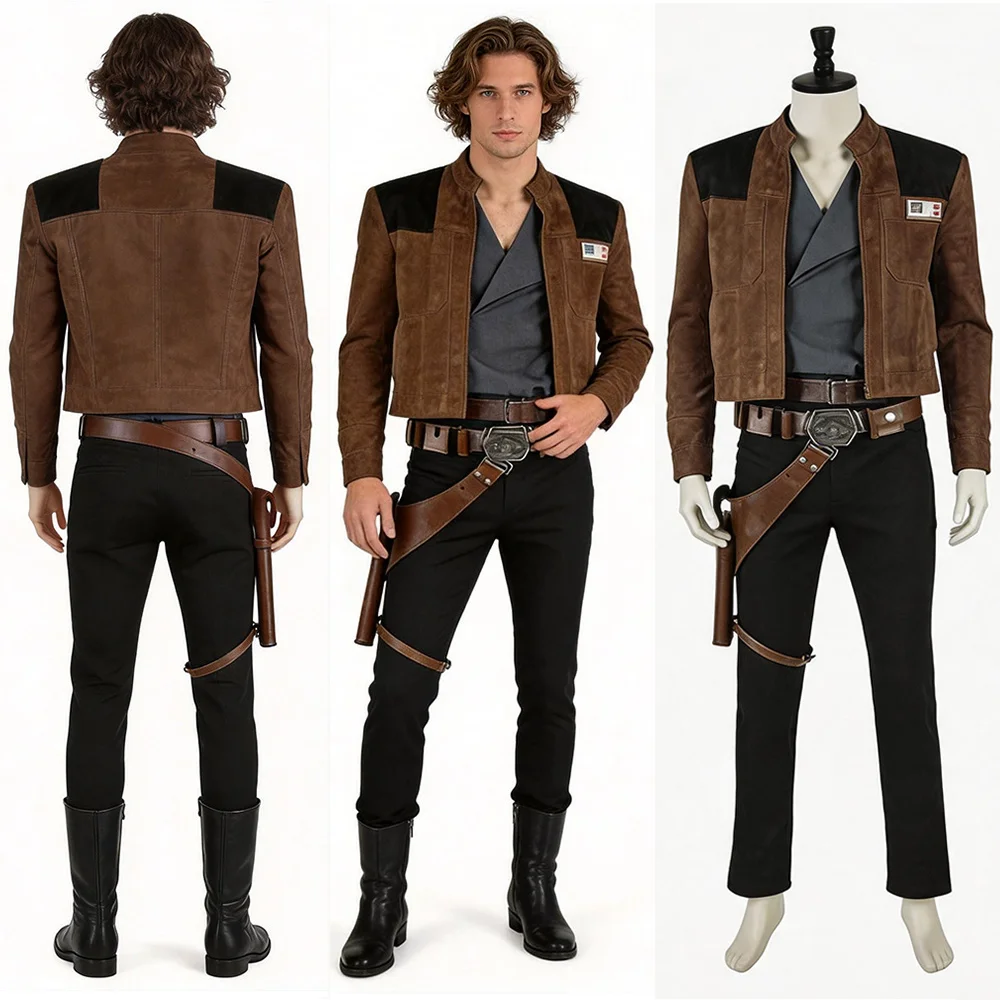 Disfraz de Han Solo para hombre adulto, chaqueta marrón, camisa gris, pantalones negros, cinturón, funda, traje de fantasía para Halloween y carnaval